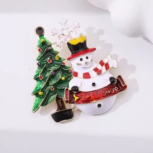 Festive Snowman and Christmas Tree Brooch